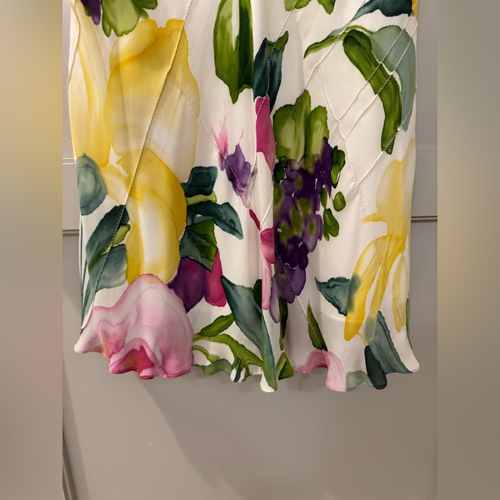 Linda Allard Floral Silk Slip Skirt in White with Yellow, Purple & Pink Blooms 8 - Picture 2 of 3